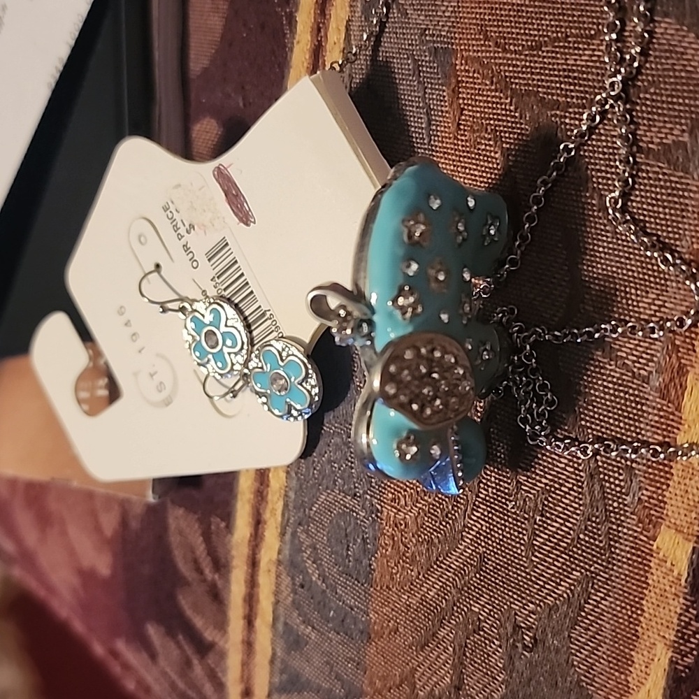 Siver turquoise long necklace with earrings - Picture 3 of 4